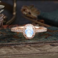 1 Carat Oval Cut Moonstone Halo Ring with Pave Band