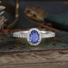 1 Carat Oval Cut Tanzanite Halo Ring with Pave Band