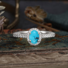 1 Carat Oval Cut Turquoise Halo Ring with Pave Band