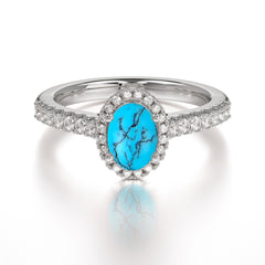 1 Carat Oval Cut Turquoise Halo Ring with Pave Band