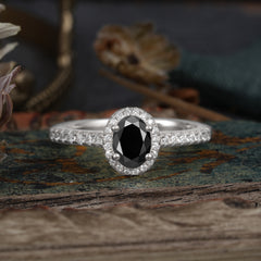 1 Carat Oval Cut Black Onyx Halo Ring with Pave Band