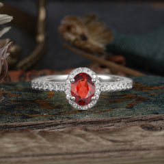 1 Carat Oval Cut Garnet Halo Ring with Pave Band