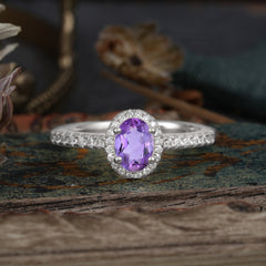 1 Carat Oval Cut Amethyst Halo Ring with Pave Band