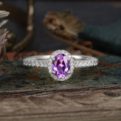 1 Carat Oval Cut Amethyst Halo Ring with Pave Band