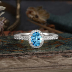 1 Carat Oval Cut Aquamarine Halo Ring with Pave Band