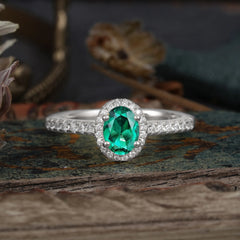 1 Carat Oval Cut Emerald Halo Ring with Pave Band