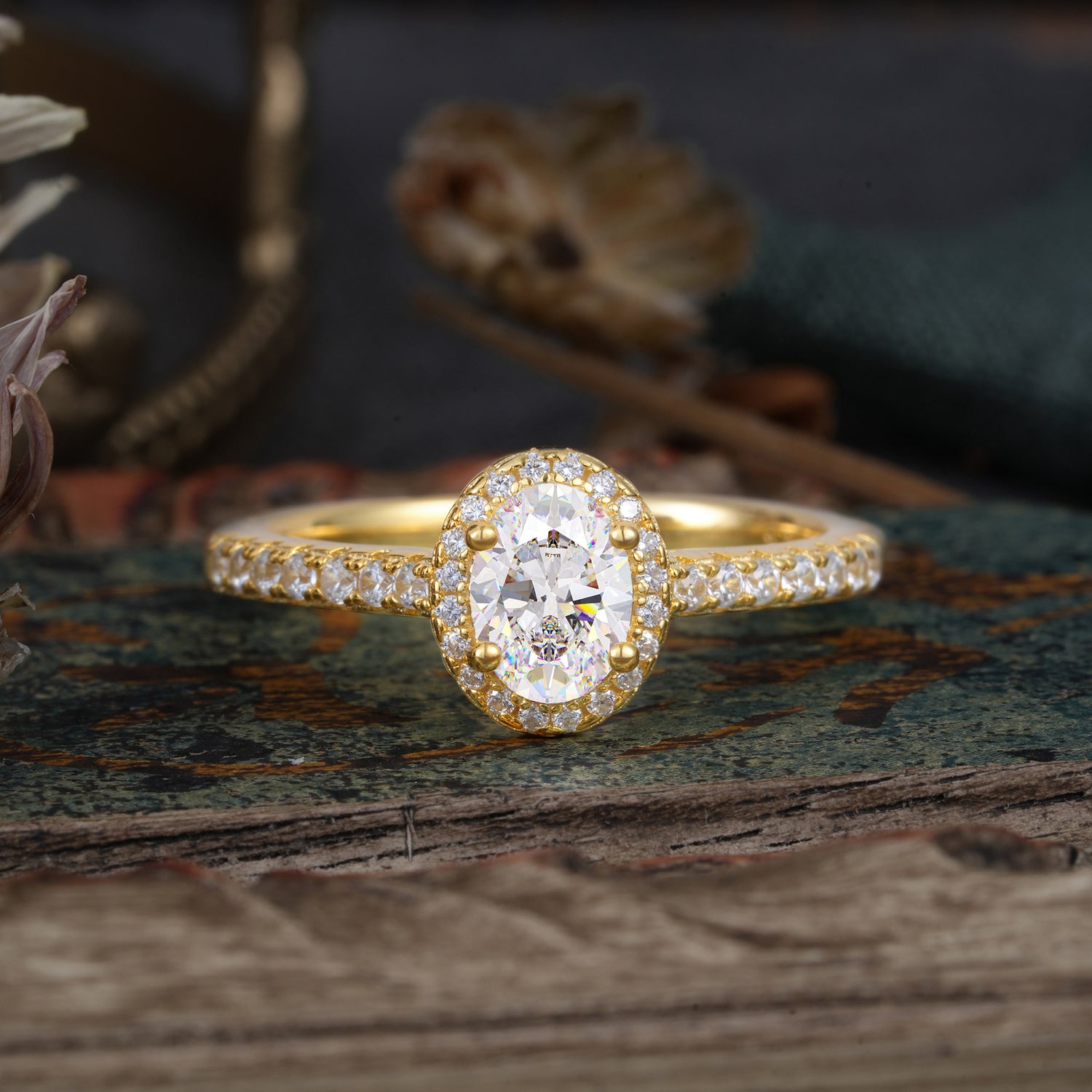 1 Carat Oval Cut Moissanite Halo Engagement Ring with Pave Band