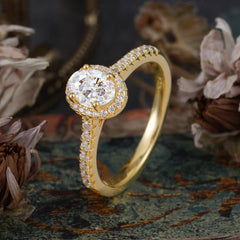 1 Carat Oval Cut Moissanite Halo Ring with Pave Band
