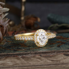 1 Carat Oval Cut Moissanite Halo Ring with Pave Band
