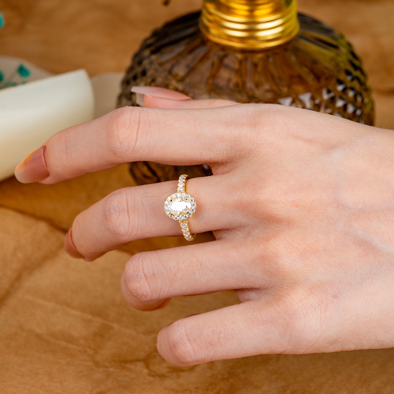 1 Carat Oval Cut Moissanite Halo Engagement Ring with Pave Band