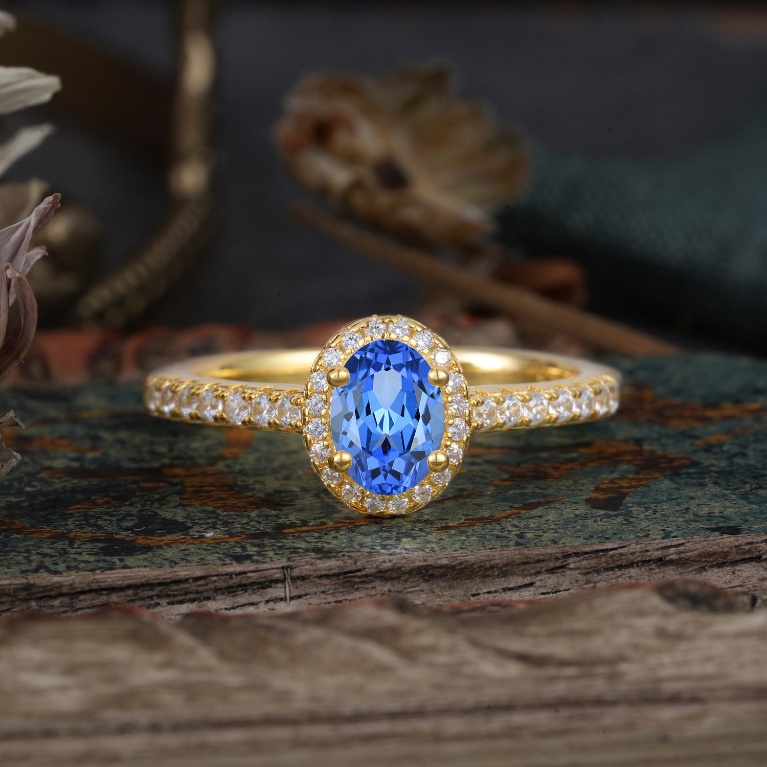 1 Carat Oval Cut Sapphire Halo Engagement Ring with Pave Band