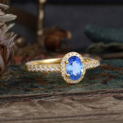 1 Carat Oval Cut Sapphire Halo Ring with Pave Band