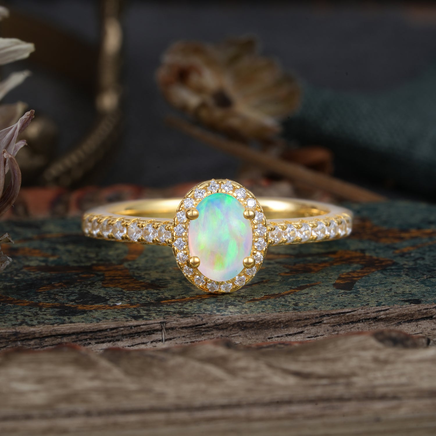 1 Carat Oval Cut Opal Halo Engagement Ring with Pave Band