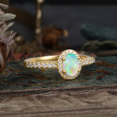 1 Carat Oval Cut Opal Halo Ring with Pave Band