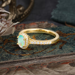 1 Carat Oval Cut Opal Halo Ring with Pave Band