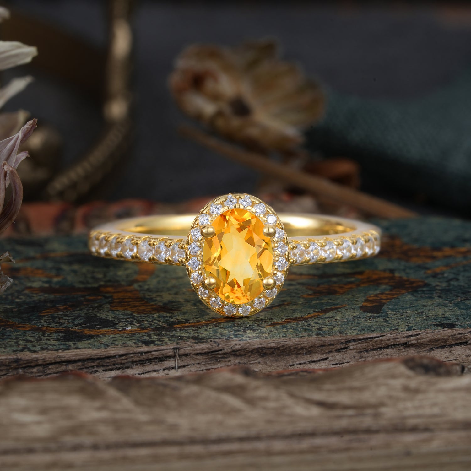 1 Carat Oval Cut Citrine Halo Engagement Ring with Pave Band
