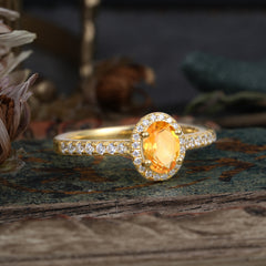 1 Carat Oval Cut Citrine Halo Ring with Pave Band