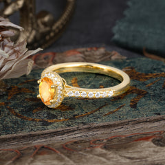 1 Carat Oval Cut Citrine Halo Ring with Pave Band