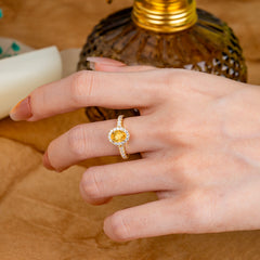 1 Carat Oval Cut Citrine Halo Ring with Pave Band