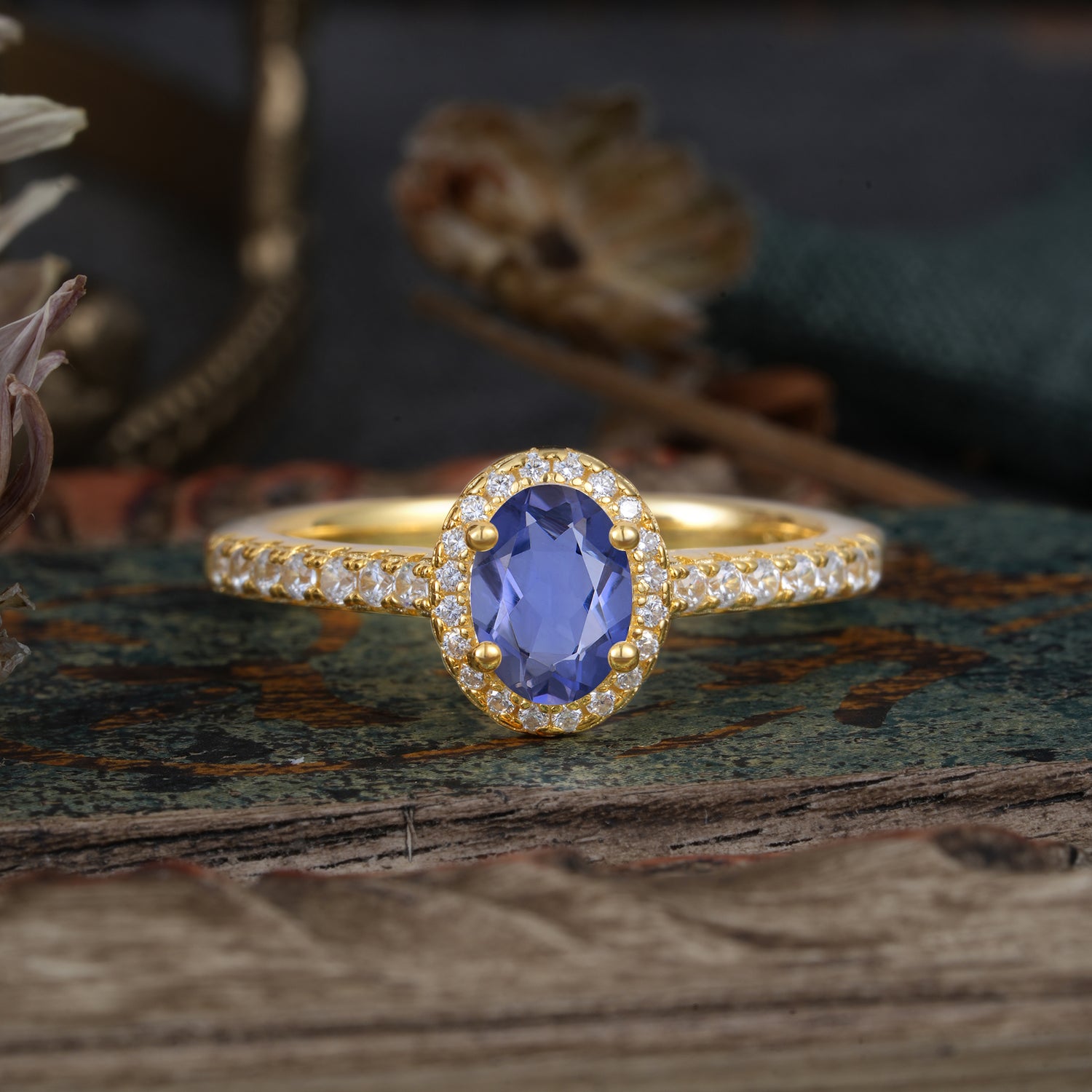 1 Carat Oval Cut Tanzanite Halo Engagement Ring with Pave Band