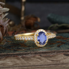 1 Carat Oval Cut Tanzanite Halo Ring with Pave Band