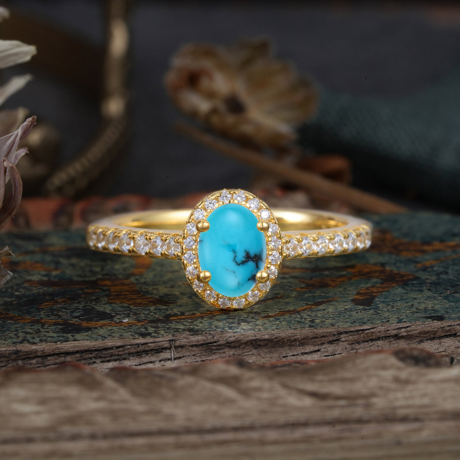 1 Carat Oval Cut Turquoise Halo Engagement Ring with Pave Band
