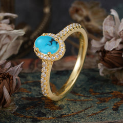 1 Carat Oval Cut Turquoise Halo Ring with Pave Band