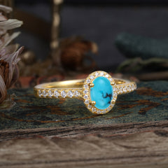 1 Carat Oval Cut Turquoise Halo Ring with Pave Band