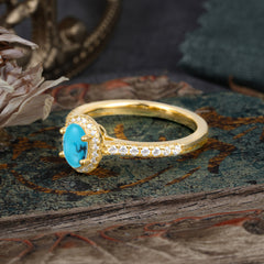 1 Carat Oval Cut Turquoise Halo Ring with Pave Band