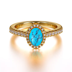 1 Carat Oval Cut Turquoise Halo Ring with Pave Band
