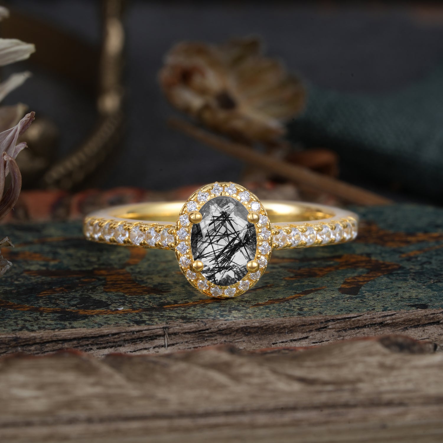 1 Carat Oval Cut Black Rutilated Quartz Halo Engagement Ring  with Pave Band