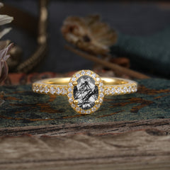 1 Carat Oval Cut Black Rutilated Quartz Halo Ring with Pave Band