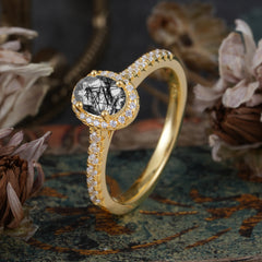 1 Carat Oval Cut Black Rutilated Quartz Halo Ring with Pave Band