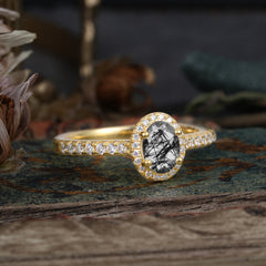 1 Carat Oval Cut Black Rutilated Quartz Halo Ring with Pave Band