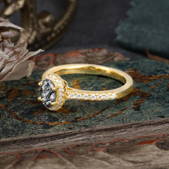 1 Carat Oval Cut Black Rutilated Quartz Halo Ring with Pave Band