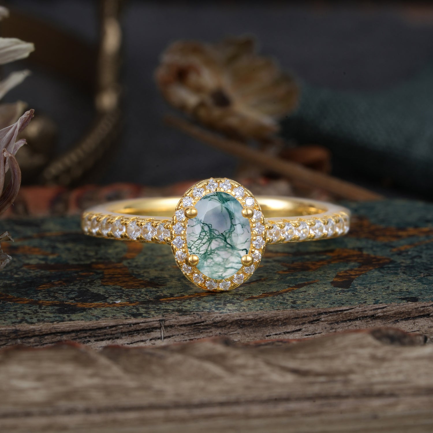 1 Carat Oval Cut Moss Agate Halo Engagement Ring with Pave Band