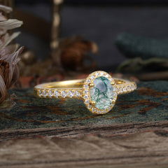 1 Carat Oval Cut Moss Agate Halo Ring with Pave Band