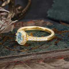 1 Carat Oval Cut Moss Agate Halo Ring with Pave Band