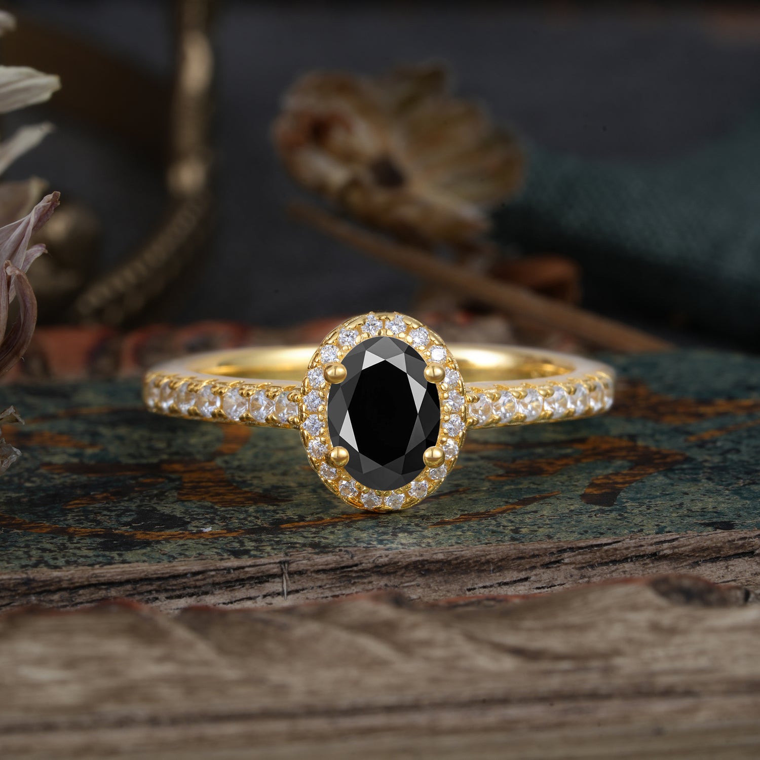 1 Carat Oval Cut Black Onyx Halo Engagement Ring with Pave Band