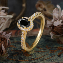 1 Carat Oval Cut Black Onyx Halo Ring with Pave Band