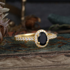 1 Carat Oval Cut Black Onyx Halo Ring with Pave Band