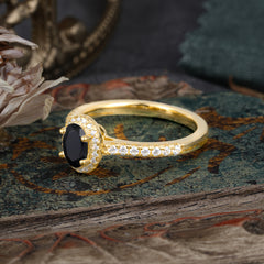 1 Carat Oval Cut Black Onyx Halo Ring with Pave Band