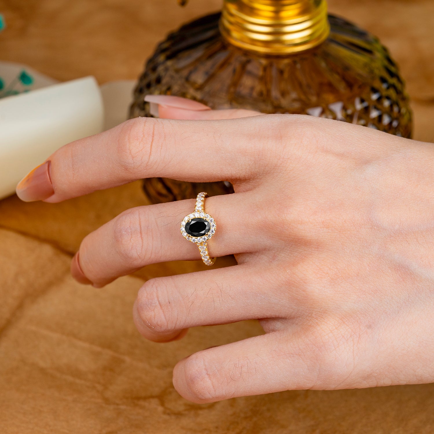 1 Carat Oval Cut Black Onyx Halo Engagement Ring with Pave Band