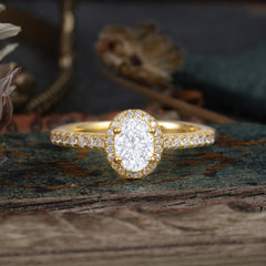 1 Carat Oval Cut Lab Diamond Halo Ring with Pave Band