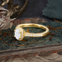 1 Carat Oval Cut Lab Diamond Halo Ring with Pave Band