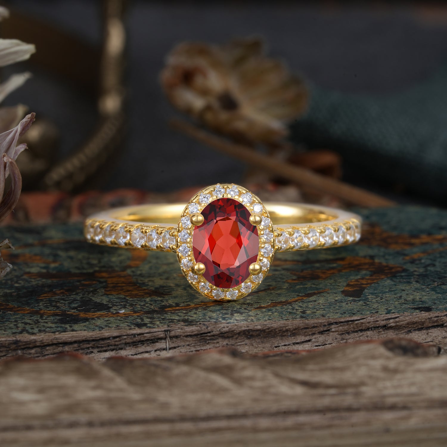 1 Carat Oval Cut Garnet Halo Engagement Ring with Pave Band