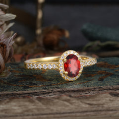 1 Carat Oval Cut Garnet Halo Ring with Pave Band