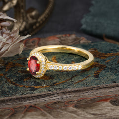 1 Carat Oval Cut Garnet Halo Ring with Pave Band