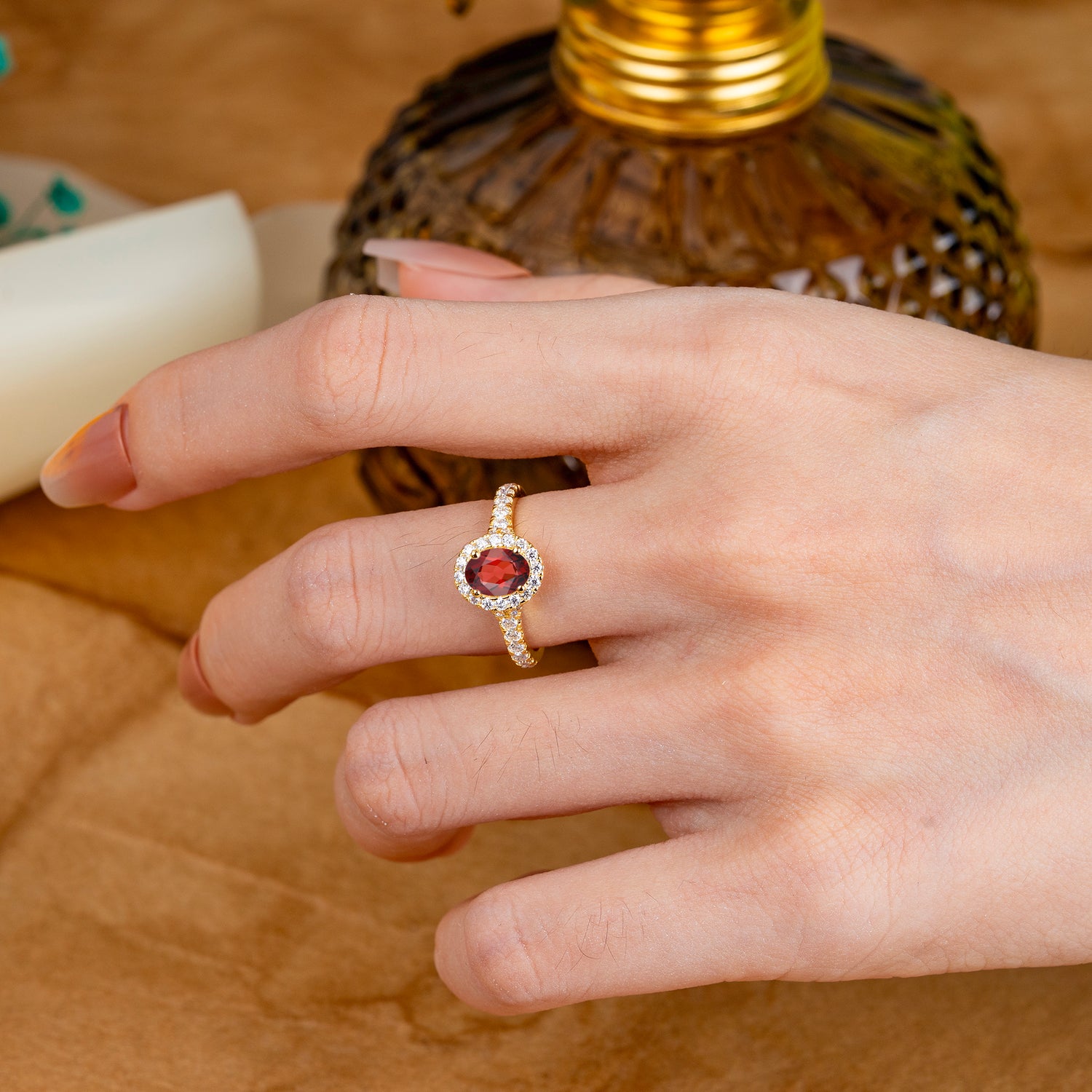1 Carat Oval Cut Garnet Halo Engagement Ring with Pave Band