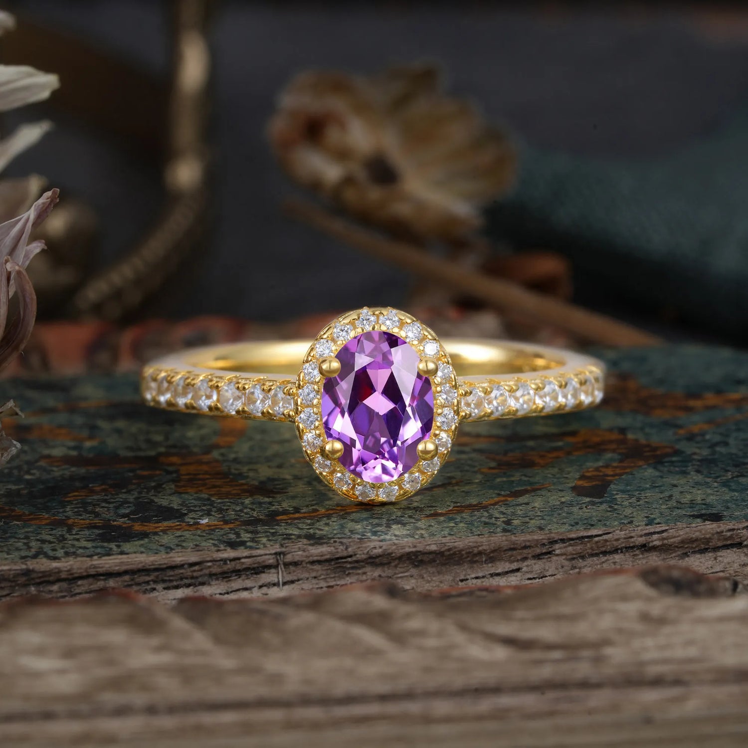1 Carat Oval Cut Amethyst Halo Engagement Ring with Pave Band